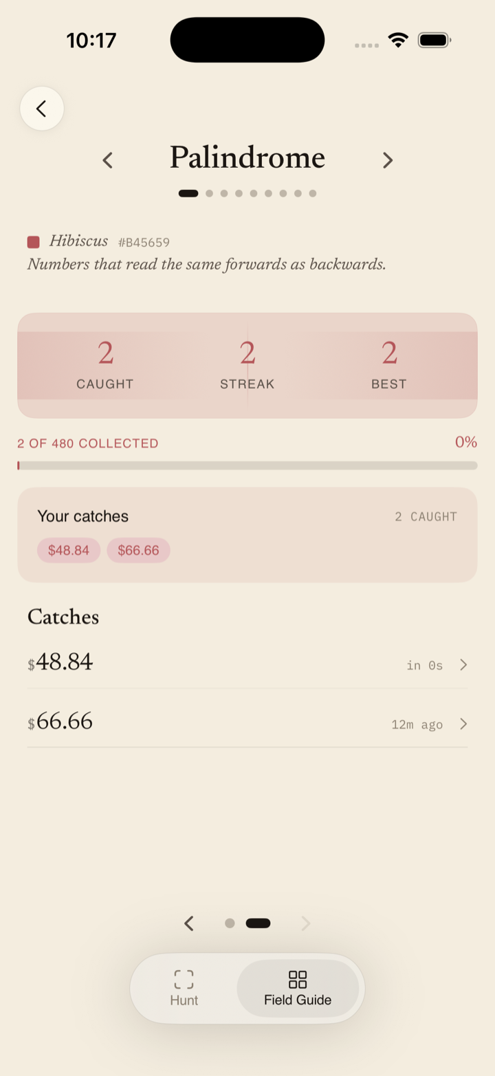 A species detail: Palindrome (Hibiscus) with caught/streak/best stats, collection progress, and a caught $66.66 specimen.