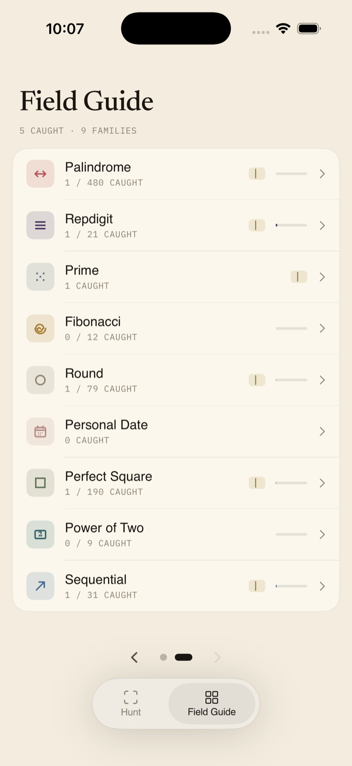 The Field Guide: the nine number species with per-species caught counts and progress bars.