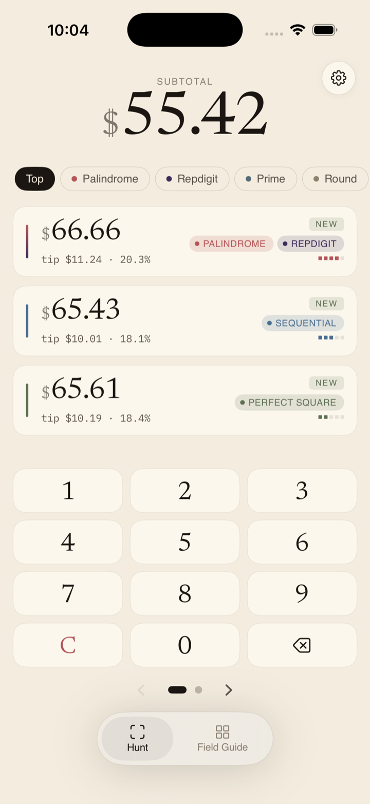 The Hunt screen: a $55.42 subtotal with ranked beautiful totals — $66.66 palindrome, $65.43 sequential, $65.61 perfect square.